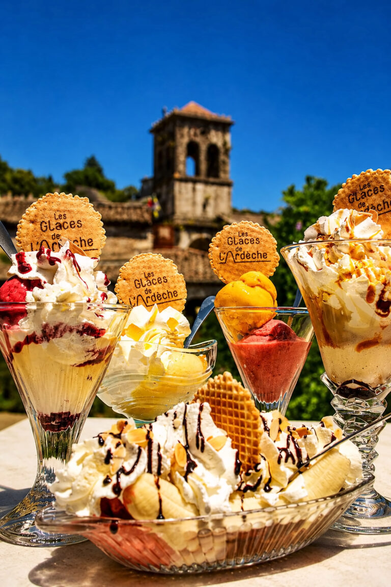 Coupes de glaces artisanales servies au bar glacier — Hôtel La Garenne, Labeaume (Ardèche)