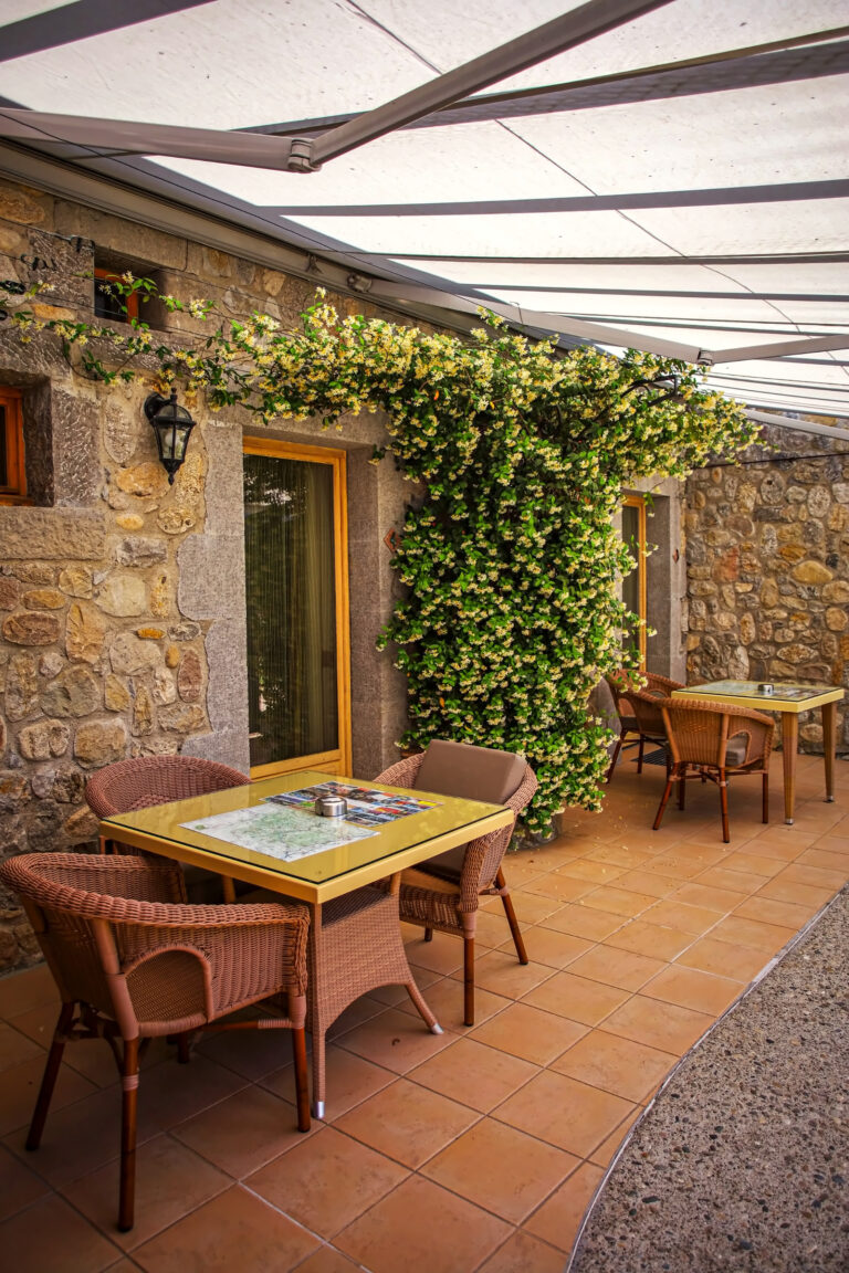 Table en terrasse à l'ombre de la treille — Hôtel La Garenne, Labeaume (Ardèche)