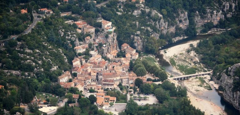 Aerial view of the village of Labeaume in Ardèche